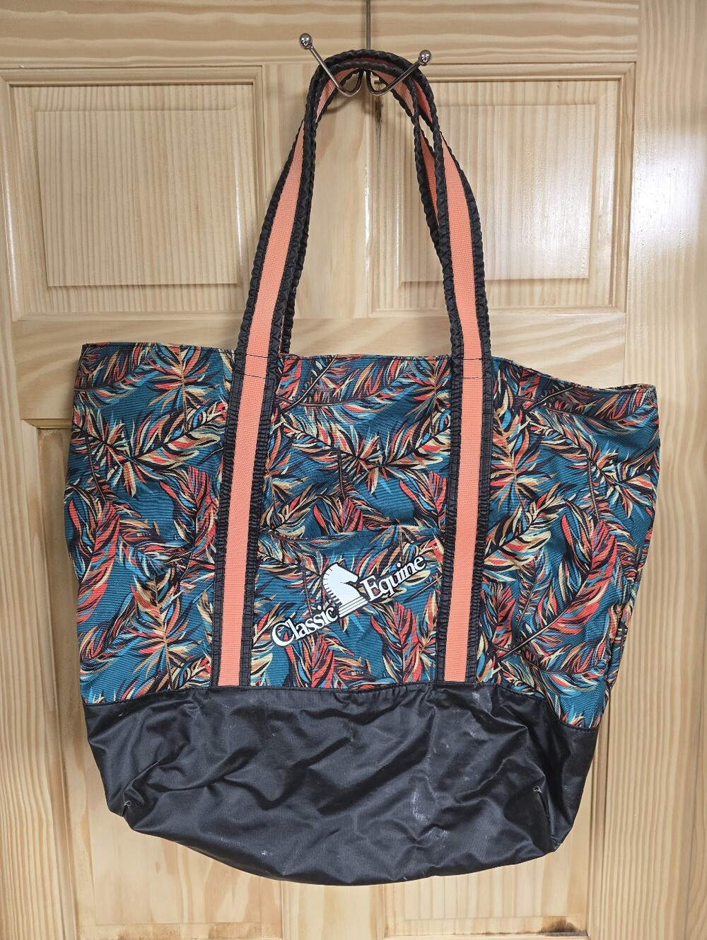Teal Tropical Tote Bag with Coral Straps